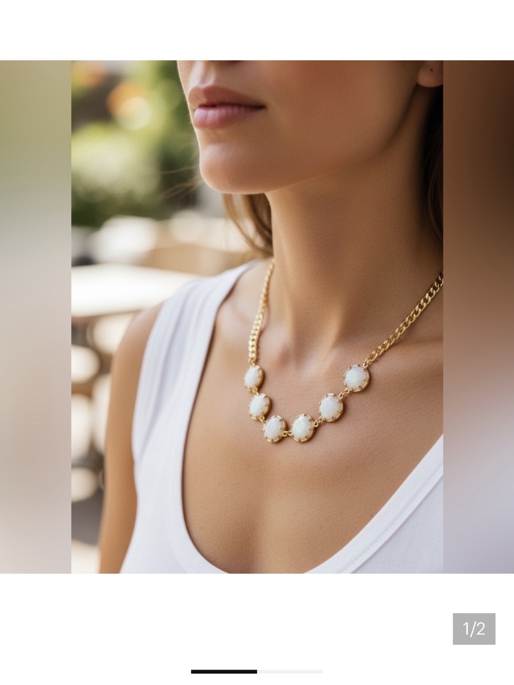 Gold Chain Necklace with White Opaline Cabochons - Women Jewelry